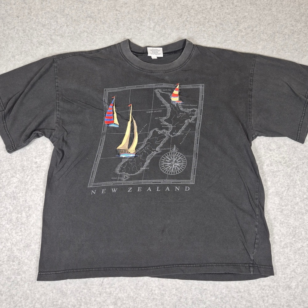 Vintage Kiwi Crew T-Shirt Mens L Black New Zealand Embroidered Sailboat Map Tee